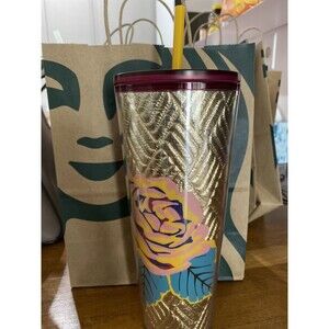 New Starbucks Fall 2020 Gold quilted with pink roses Tumbler.
